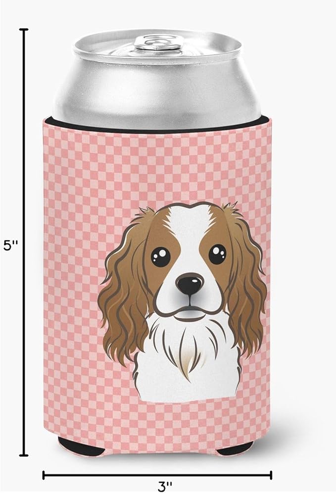 Caroline's Treasures BB1224CC Checkerboard Pink Cavalier Spaniel Can or Bottle Hugger Cooler Washable Drink Sleeve Collapsible Beverage Insulated Holder, Can Hugger, Multicolor
