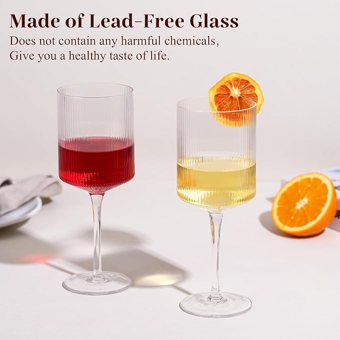Ribbed Square Wine Glasses Set of 4 – 15oz Hand Blown Ribbed Design Wine Glasses, Unique Vintage Style Drinking Glasses, Red or White Glasses With Long Stem - For Mothers Day, Wedding, Birthday