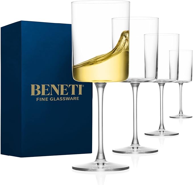 BENETI Large Square Wine Glass Set of 4-11 Oz European-Made Hand Blown Glass White Wine Goblets w/Laser-Cut Rim, Dishwasher-Safe Crystal Clear Red Wine Glass