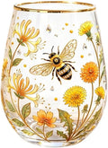 2026 Garden Hummingbird Morning Bliss Glass Tea Cup, Elegant Gold Rimmed Glassware with 14 Oz, Clear Cup for Loose Leaf, Nature Art Decorative Tumbler Gift for Women Mom Wife(Bee)