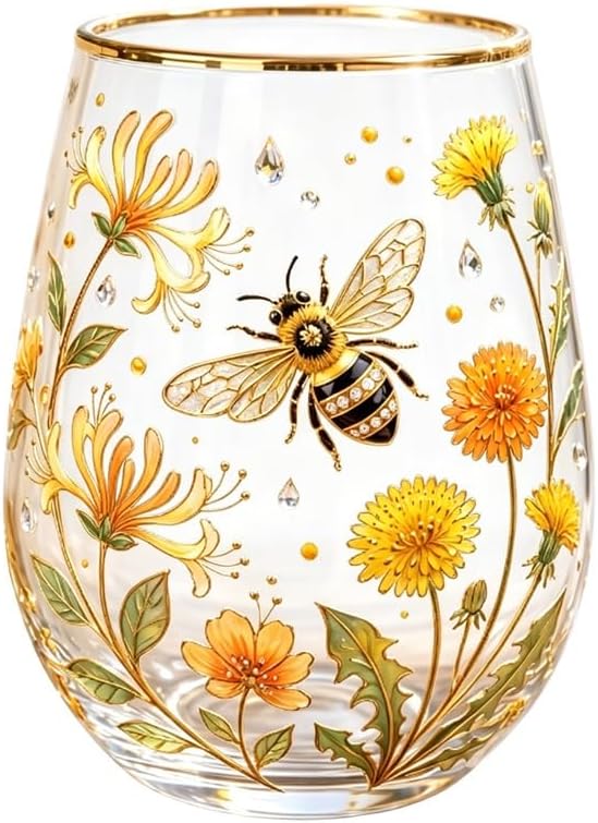 2026 Garden Hummingbird Morning Bliss Glass Tea Cup, Elegant Gold Rimmed Glassware with 14 Oz, Clear Cup for Loose Leaf, Nature Art Decorative Tumbler Gift for Women Mom Wife(Bee)