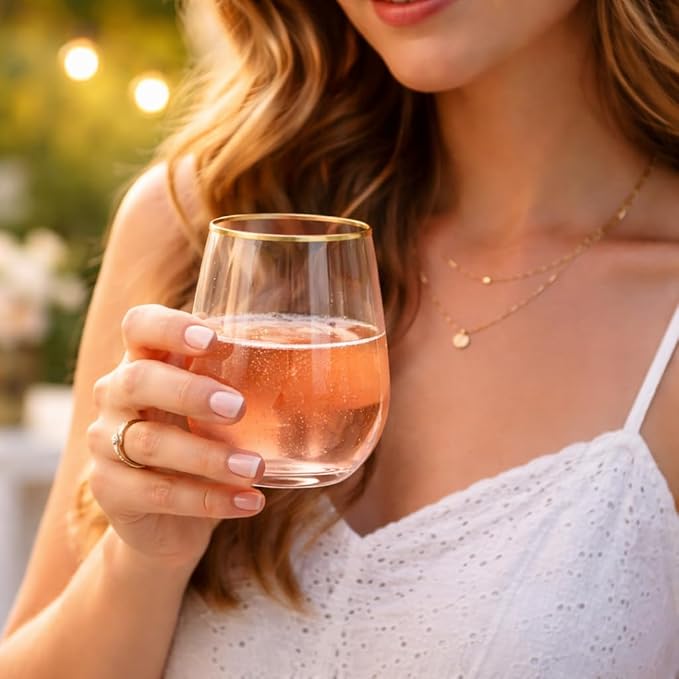 Oojami 40 Pack Diamond Stemless Plastic Wine Glasses 12 oz – Disposable Unbreakable BPA-Free Cups for Wedding Party Cocktail Whiskey Champagne, Indoor Outdoor Drinkware, Pink Matte Gold