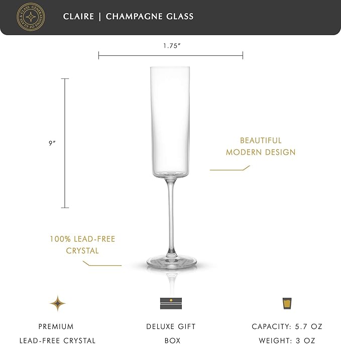 JoyJolt Champagne Flutes, Claire Collection Crystal Champagne Glasses Set of 2, 5.7 Ounce Capacity, Exquisite Craftsmanship, Ideal for Home Bar, Special Occasions – Made in Europe