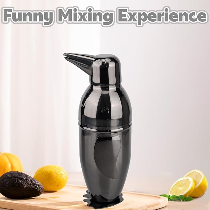 17oz Cocktail Shaker Black Penguin, Bartender Shakers with Built-In Strainer, Unique Design Stainless Steel Martini Shaker Professional Bar Mixology Tool, Drink Mixer Bartending Essentials