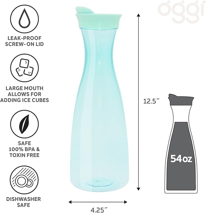 OGGI Clear Carafe w/Flip Open Lid - Ideal Juice Bottle, Clear Pitcher with Lid, Tea Pitcher, Water Carafe, 1.6 Lt(54Oz), Aqua Tint