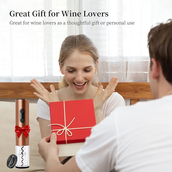 Battery Operated Electric Wine Opener by ELMWAY - Stainless Steel Electric Corkscrew with LED Light & Foil Cutter, Simple Push-Button Operation for Wine Lover (Rose Gold, 4 x AA Not Included)