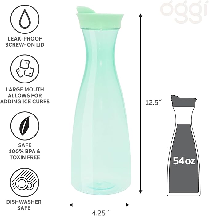 OGGI Clear Carafe w/Flip Open Lid - Ideal Juice Bottle, Clear Pitcher with Lid, Tea Pitcher, Water Carafe, 1.6 Lt(54Oz), Green Tint