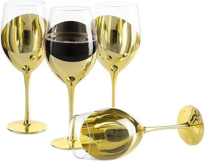 MyGift Modern Brass Long Stemmed Wine Glasses for White or Red Wine with Elegant Angled Design, Set of 4