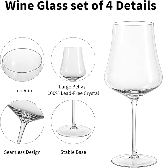 Large Wine Glasses Set of 4: 25oz Hand Blown Crystal Tall Stem Red Wine Glass for Wedding Anniversary Party Christmas Gift for any Occasion