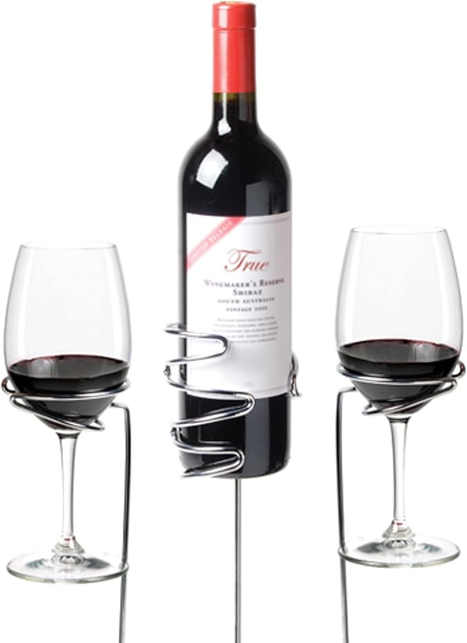 TRUE Picnic Stix Wine Glass & Bottle Holders, Chrome Outdoor Drink Dolder Stakes, Outdoor Cup Holder, Yard Cups, Set of 3, Fits 2 Glasses and 1 Bottle
