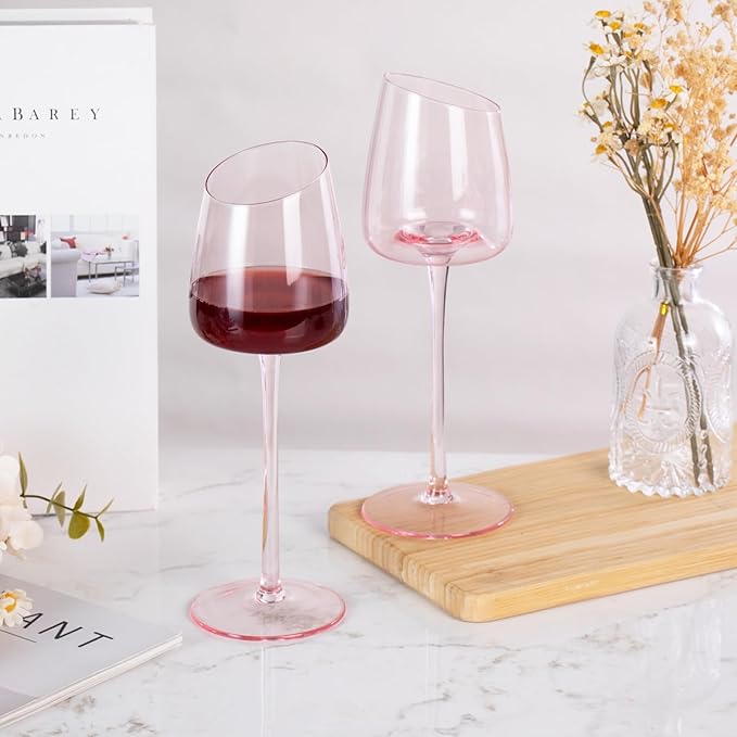 KAMMAK Wine Glasses Set of 2, 9.47 oz Hand Blown Crystal Bordeaux Wine Glasses, Thin Rim & Long Stem, Perfect for Red & White, Daily Use, Wedding or Birthday Gift with Gift Box, XH-H240 Pink