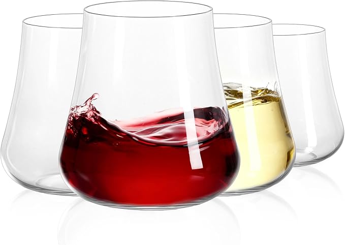 Stemless Wine Glasses Set of 4: 15oz Clear Hand Blown Crystal No Stem Red Wine Glass Cups for Birthday Wedding Party - Unique Gifts for Women