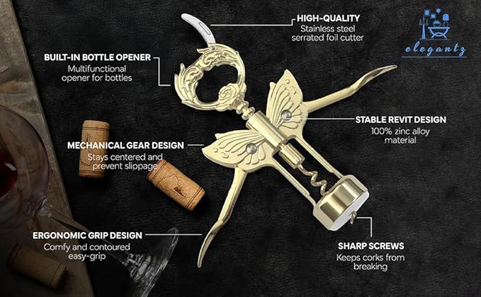 ELEGANTZ Luxury Multifunctional Wine Bottle Opener with Foil Cutter, Beer Opener, Butterfly Design - Heavy Duty Zinc Alloy, Chrome Plating - Gift for Wine Lovers