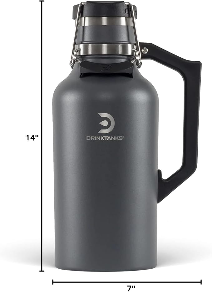DrinkTanks Craft Growler – 64 oz Vacuum Insulated Stainless Steel Beer Growler with Handle, Leakproof Thermal Beverage Tumbler for Beer, Wine, Coffee, Soda, Kombucha – Reusable & BPA-Free – Slate