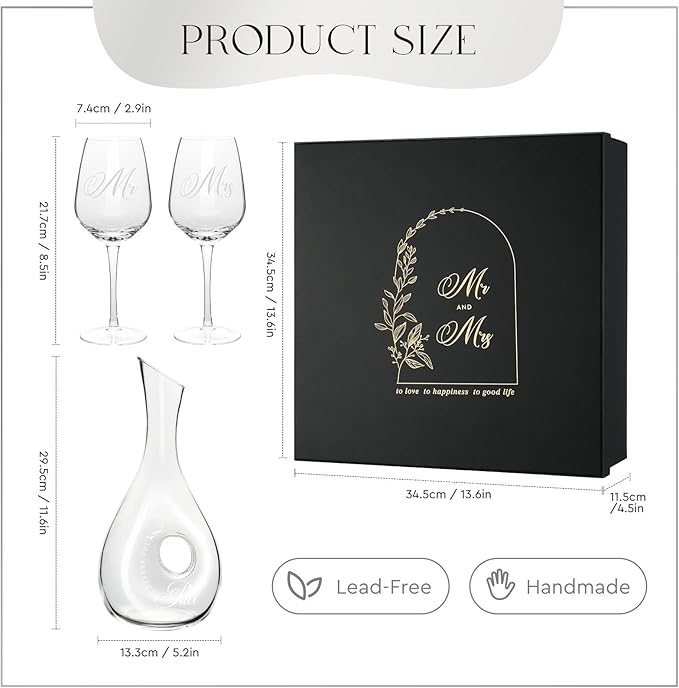 AW BRIDAL Mr and Mrs Wine Glasses for Couples Wedding and Bridal Shower, 2026 Engagement Gift for Newlyweds, Anniversary Wine Glasses with Decanter Couple Gifts