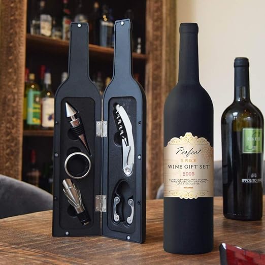 mikamax - Wine Gift Set - Wine Kit - Black - Wine Checker - Wine Stop - Corkscrew Tool