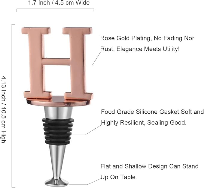 Miicol Prosecco Stopper - Rose Gold Initial Wine Stopper, Personalised Champagne Gift, Funny Kitchen Decor, Letter H