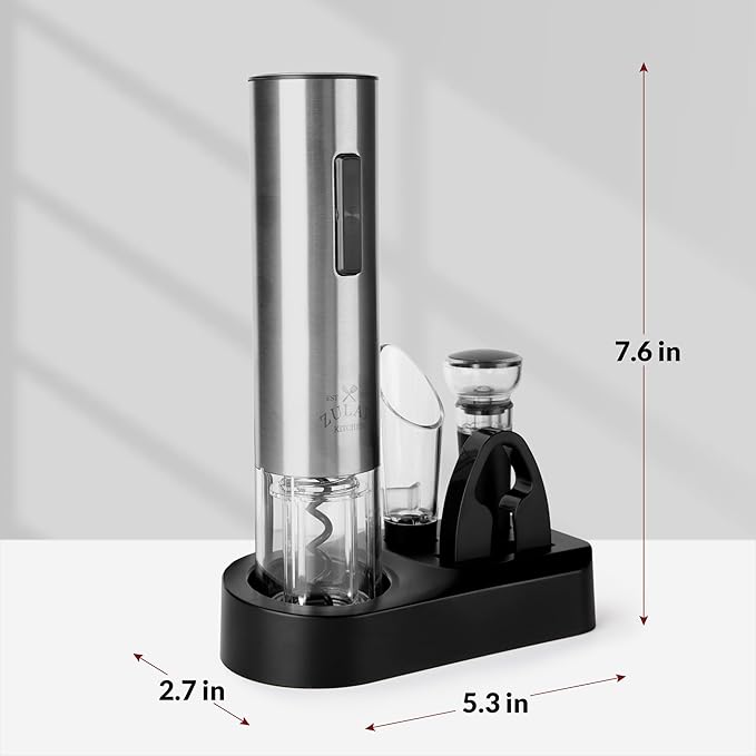 Zulay Kitchen Rechargeable Electric Wine Opener Set with Storage Base - Automatic Corkscrew Wine Bottle Opener, Pourer, Foil Cutter & Vacuum Stopper - Stainless Steel Wine Gift Set, Silver