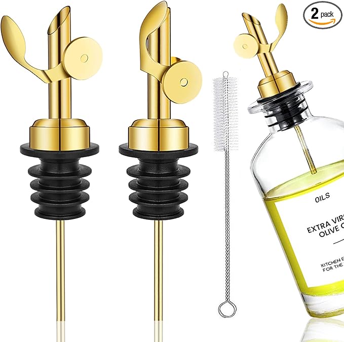WAFJAMF 2 Pcs Weighted Stainless Steel Bottle Pourers, Self Closing Olive Oil Dispenser Spout, Auto Flip Feature Liquor Pour Spouts for Pours Liquid, Olive Oil, Wine, Vinegar (Gold)