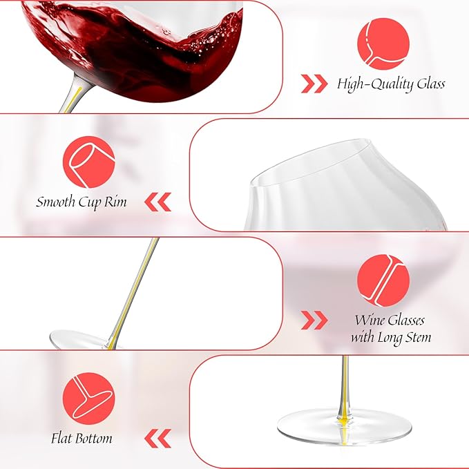 KAMMAK Wine Glasses Set of 2, 24.69 oz Hand Blown Crystal Bordeaux Wine Glasses, Thin Rim & Long Stem, Perfect for Red & White, Daily Use, Wedding or Birthday Gift with Gift Box, Onion Top Yellow