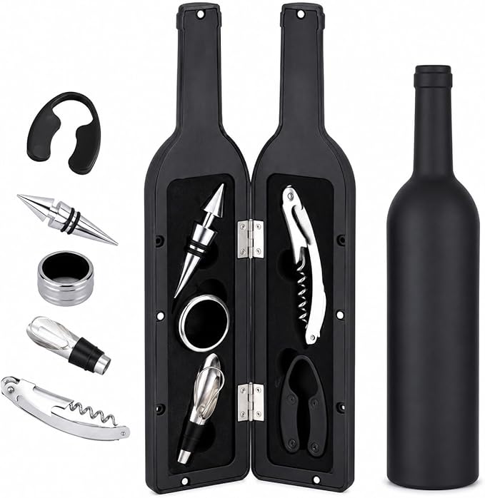 Luxury Wine Accessory & Gift Set - Corkscrew, Stopper, Pourer, and Games! (Wine Opener - Black Matte Bottle Case)