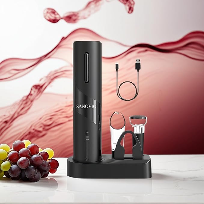 6-in-1 Electric Wine Opener Set - Rechargeable Automatic Corkscrew with Vacuum Sealer, Wine Aerator, Foil Cutter & Charging Base,Valentine's Day Gifts, Wine Lovers(Black)