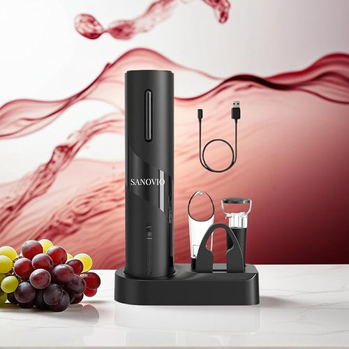 6-in-1 Electric Wine Opener Set - Rechargeable Automatic Corkscrew with Vacuum Sealer, Wine Aerator, Foil Cutter & Charging Base,Valentine's Day Gifts, Wine Lovers(Black)