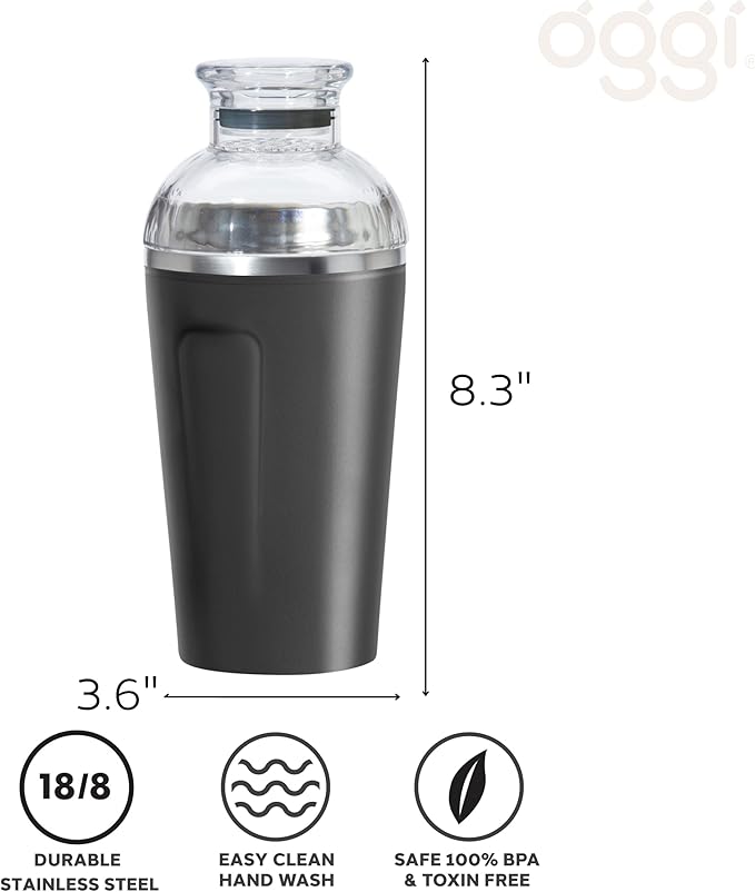 OGGI Groove Insulated Cocktail Shaker-17oz Double Wall Vacuum Insulated Stainless Steel, Tritan Lid has Built In Strainer, Ideal Cocktail Mixer, Martini Shaker, Margarita Shaker, Black