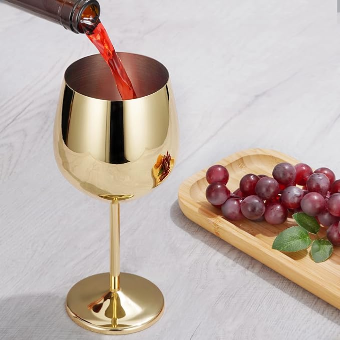 Lifecapido Stainless Steel Wine Glasses Set of 8, 18oz Stainless Steel Wine Goblets, Stemmed Metal Wine Glasses with Cup Brush for Party Office Wedding Anniversary, Great for Red White Wine (Gold)