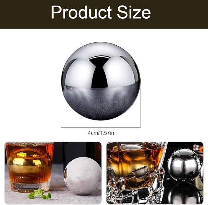 3 Pcs Large Round Whiskey Stones Spherical Reusable Stainless Steel Ice Cubes Golf Ball Whiskey Stones Balls Metal Ice Balls Gift Set for Red Wine Scotch Whiskey Bar Beer(40mm Round shape)