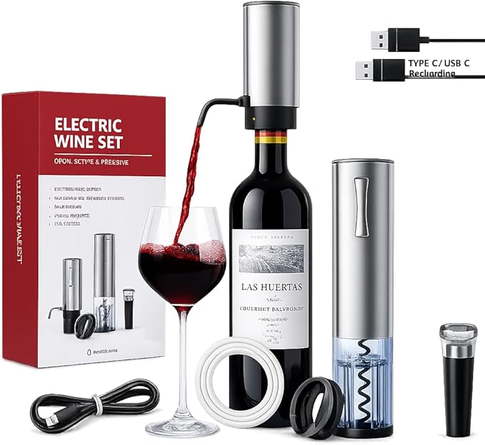 Electric Wine Opener Set, USB-C Rechargeable Automatic Corkscrew with Aerator Pourer, Foil Cutter, Vacuum Stopper, Stainless Steel