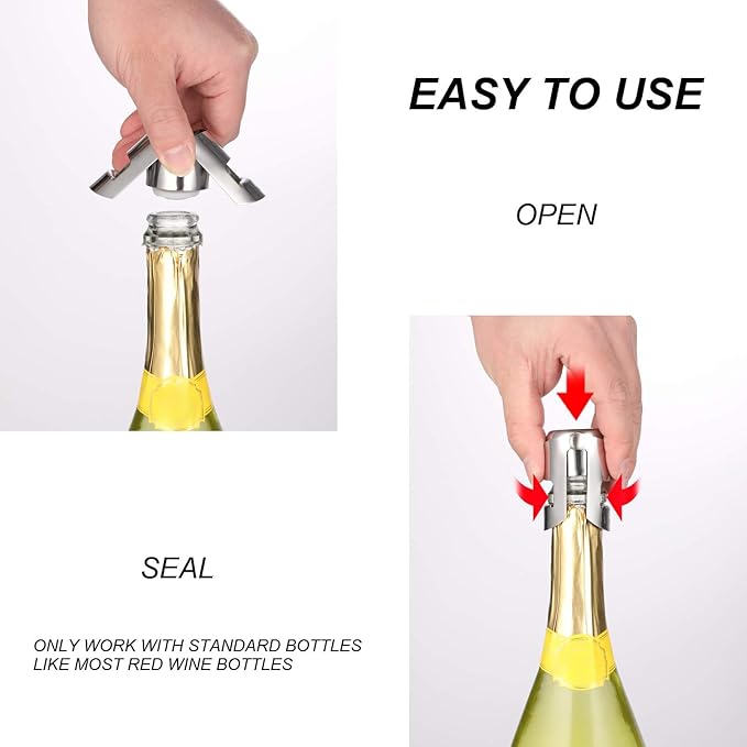 OWO Champagne Bottle Stoppers Stainless Steel, Reusable Champagne Cork & Saver Stopper, Leak Proof Prosecco & Sparkling Wine Plug, Bubble Retention Protection（Silver, 2 Pack）