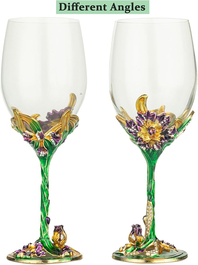 Comeon Wine Glasses Crystal Red Wine Glasses Elegant Champagne Glasses Enamels Floral Decorative Goblets(Green /2 set(gift box))