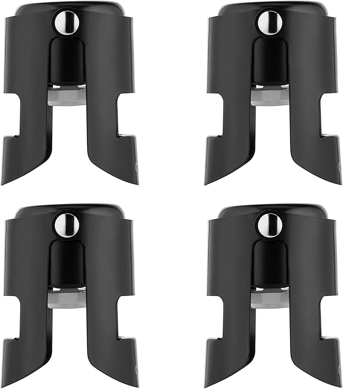 OWO Champagne Bottle Stoppers Stainless Steel, Reusable Champagne Cork & Saver Stopper, Leak Proof Prosecco & Sparkling Wine Plug, Bubble Retention Protection （Black, 4 Pack）