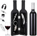 Luxury Wine Accessory & Gift Set - Corkscrew, Stopper, Pourer, and Games! (Wine Opener - Black and Silver GlossyBottle Case)