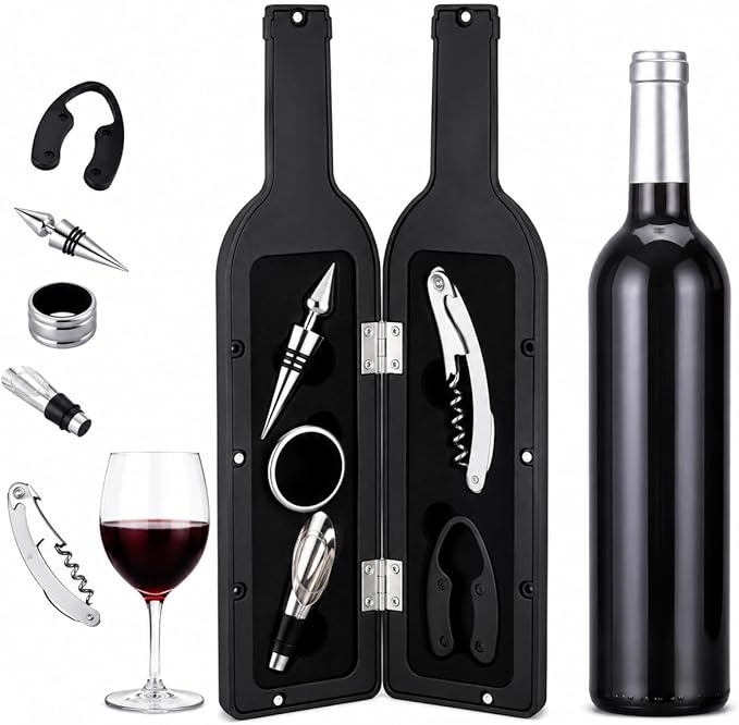 Luxury Wine Accessory & Gift Set - Corkscrew, Stopper, Pourer, and Games! (Wine Opener - Black and Silver GlossyBottle Case)