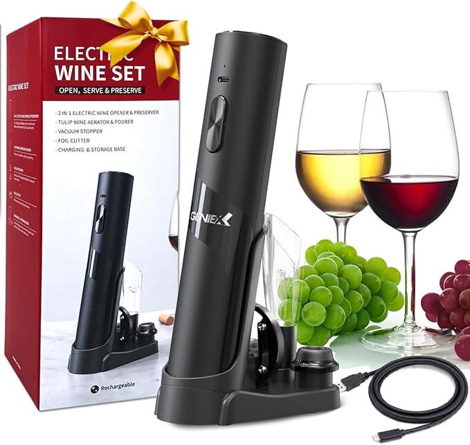 6‑in‑1 Electric Wine Opener with Charging Base — Auto Corkscrew Bottom + Automatic Wine Saver Top | Perfect Wine Gift & Ideal Father’s Day Gifts