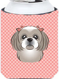 Caroline's Treasures BB1250CC Checkerboard Pink Gray Silver Shih Tzu Can or Bottle Hugger Cooler Washable Drink Sleeve Collapsible Beverage Insulated Holder, Can Hugger, Multicolor