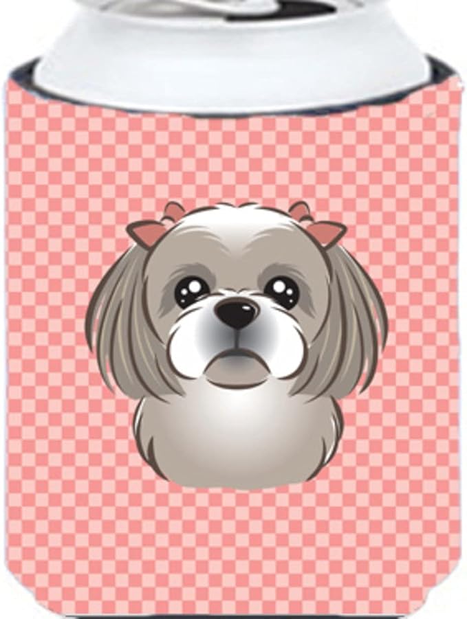 Caroline's Treasures BB1250CC Checkerboard Pink Gray Silver Shih Tzu Can or Bottle Hugger Cooler Washable Drink Sleeve Collapsible Beverage Insulated Holder, Can Hugger, Multicolor
