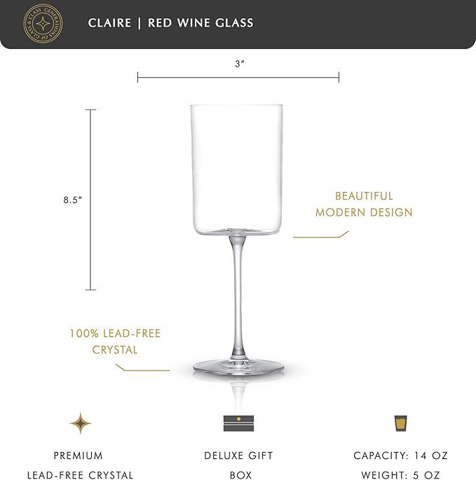JoyJolt Claire 14oz Red Wine Glass Set, Large Wine Glasses Set of 2, Elegant Crystal Wide Rim Stemware, Modern Glasses with Stem, Made in Europe Stemmed Glassware for Unique Gifts