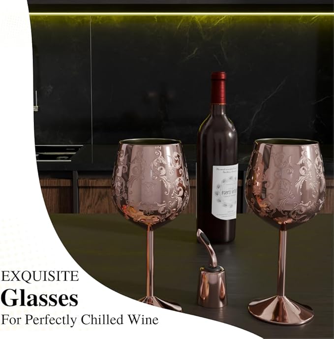 Mother’s Day Gift for Mom – Set of 2 Rose Gold Stainless Steel Wine Glasses, 17oz Engraved Goblets with Bottle Stopper, Unbreakable Elegant Wine Cups, Gift for Women, Wife, Mom, Sister