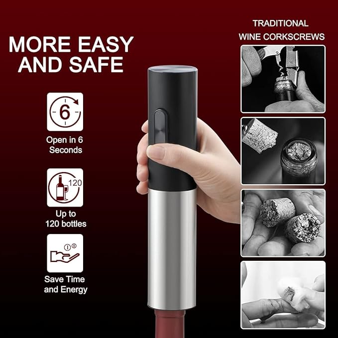 Electric Wine Opener Battery Operated, Automatic Electric Wine Bottle Opener with 2 in 1 Wine Stopper and Portable Corkscrew Foil Cutter, Wine Gifts
