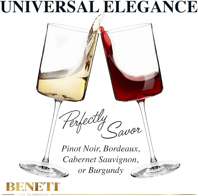 BENETI Square Crystal Wine Glasses Set Of 4 - European-made Handblown 14 oz Gift Packed Glasses - Large White & Red Wine Goblets W/Laser-cut Rim, Dishwasher-safe Clear glass gifts Set