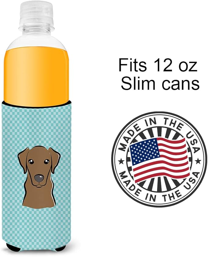 Checkerboard Blue Chocolate Labrador Ultra Beverage Insulators for slim cans