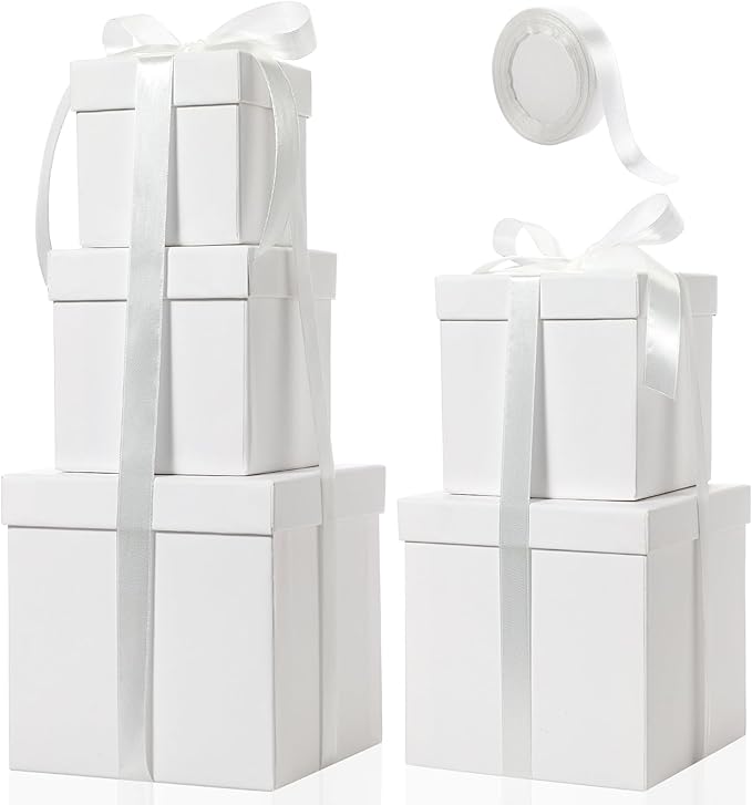 Cholemy 5 Pcs Square Nesting Boxes Decorative Gift Boxes with Lid and Ribbon Assorted Sizes Wrap for Wedding, Carnival, Anniversary, Birthday, Bridal Shower Party Gifts(White)