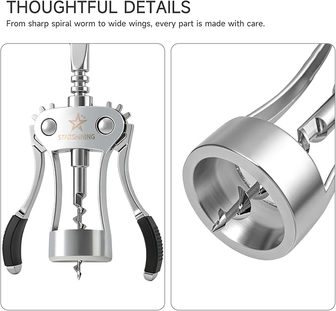 Wine Opener,Heavy-Duty Zinc Alloy Wing Corkscrew Manual Wine Bottle Opener with Sharp Spiral Screw for Sommeliers Wine Lovers,Polished Silver