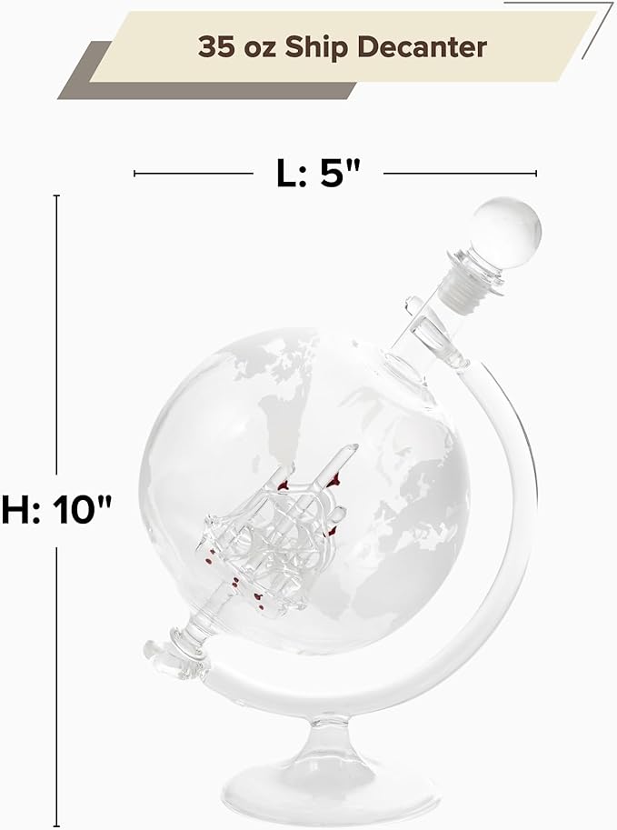 Whiskey Decanter Set 35 oz - Men's Whiskey, Wine and Bourbon Shaker with 2 Diamond Alcohol Glasses - Etched Globe Glass Decanter with Ship - Dads Gifts for Holiday (Glass Ship)