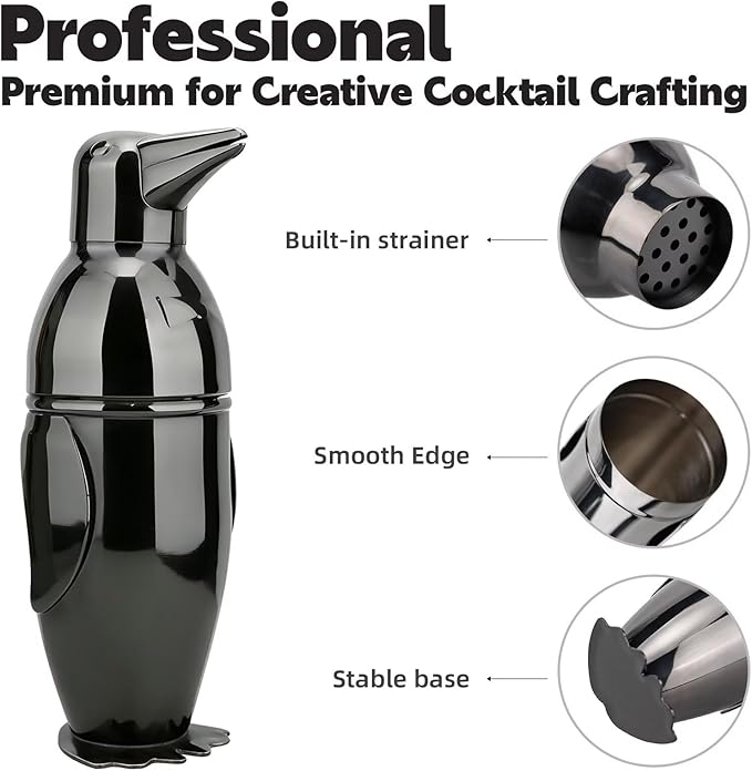 17oz Cocktail Shaker Black Penguin, Bartender Shakers with Built-In Strainer, Unique Design Stainless Steel Martini Shaker Professional Bar Mixology Tool, Drink Mixer Bartending Essentials
