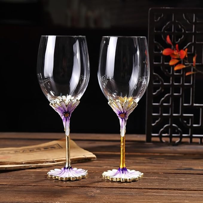 Simcat Handmade Painted Enamel Flower Glass Wine Glasses Transparent Refined Goblet, Stem For Cabernet, Gifts (purple double gift box,small flower)