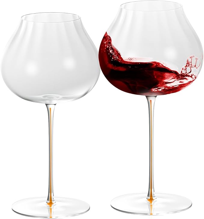 KAMMAK Wine Glasses Set of 2, 24.69 oz Hand Blown Crystal Bordeaux Wine Glasses, Thin Rim & Long Stem, Perfect for Red & White, Daily Use, Wedding or Birthday Gift with Gift Box, Onion Top Orange